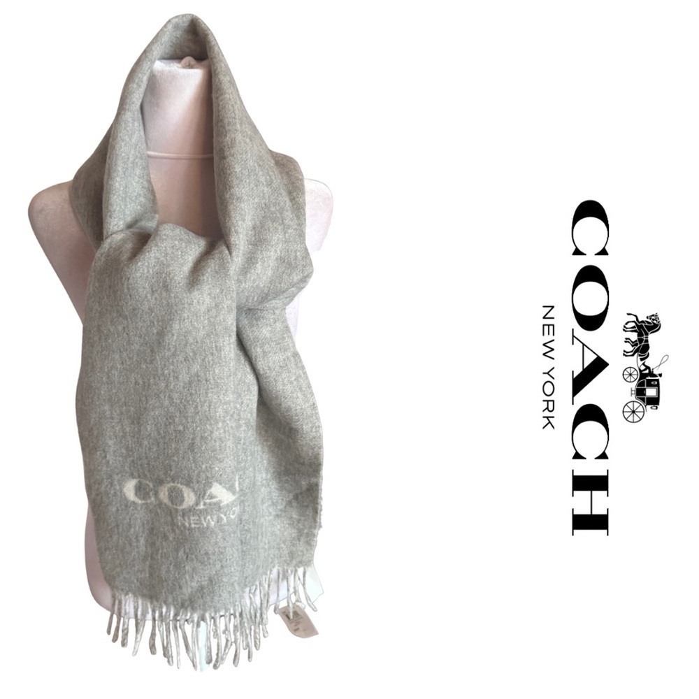 Coach Double Faced Muffler w Fringe in Light Grey & Chalk NWT
